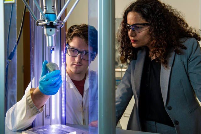 Dr. Fateme Rezaei and a student work on research in the 3D printing lab